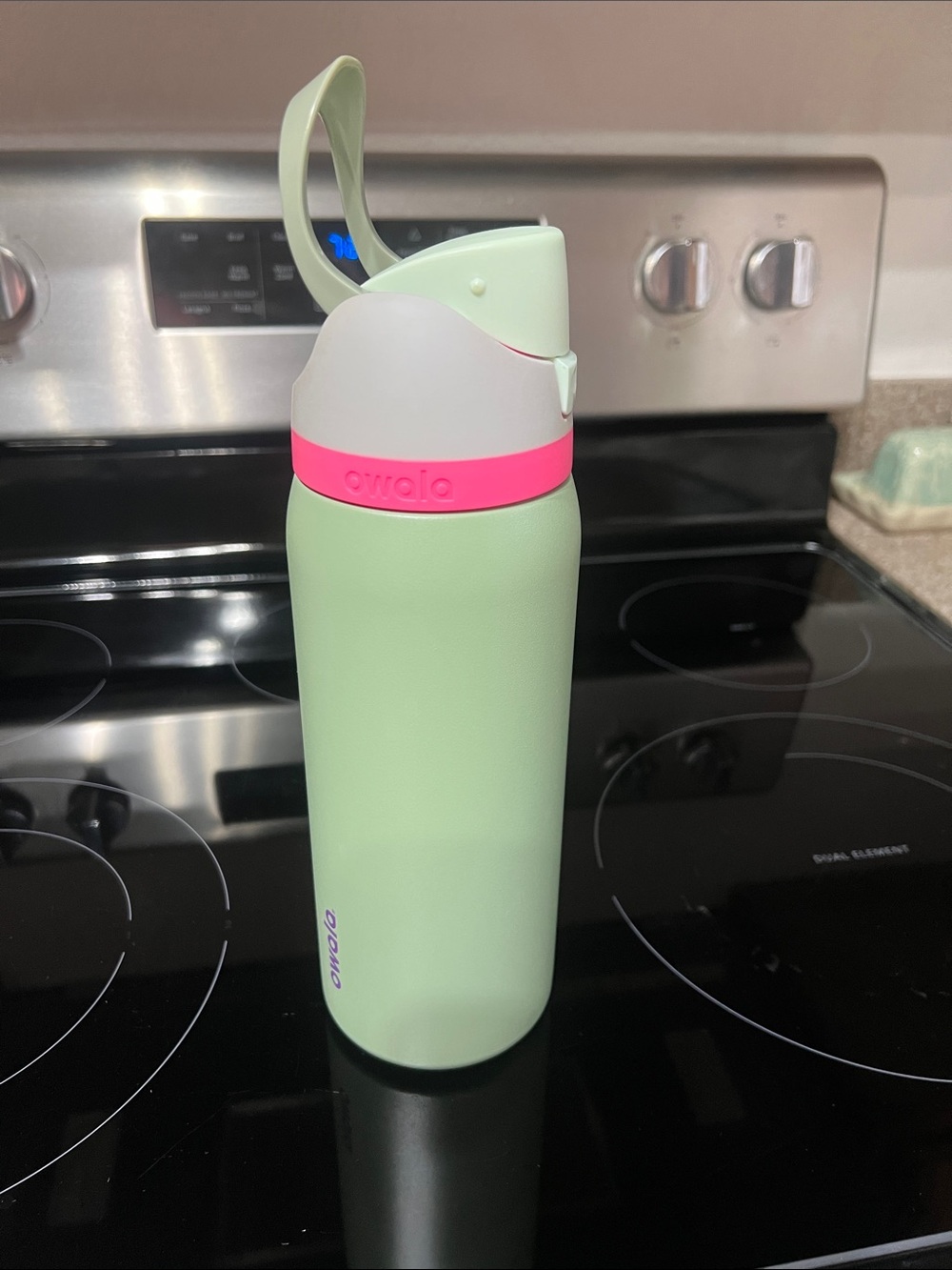 Owala Green Water Bottle with Pink Accent Lid